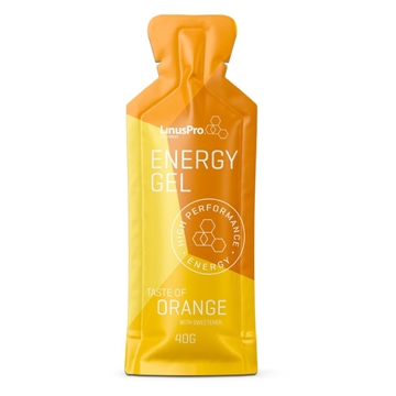 LinusPro energigel, orange smag, 40g. Orange emballage med logo og energibrugstekst.