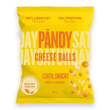 Gul pose med Pandy Cheese Balls, 40% mindre fedt, 13% protein, 100% veganske linse snacks.