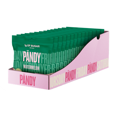 Displayboks med Pandy Candy Watermelon-poser. 1g sukker pr. pose. Vandmelon-smag.