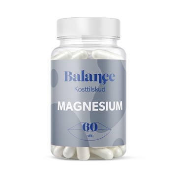 Transparent beholder med etikette: "Balanç Kosttilskud", "MAGNESIUM", "60 stk."
