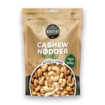 Nordthy cashewnødder i beige pose med tekst "Ristede & Sprøde."