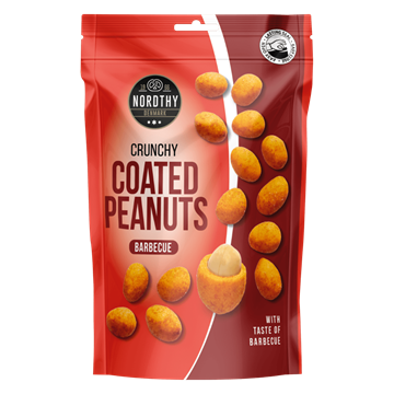 Pakke med Nordthy Crunchy Coated Peanuts, barbecue-smag, illustration af jordnødder, 100g.