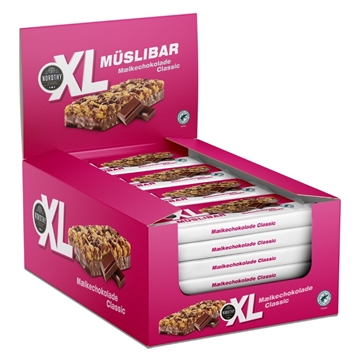 XL Müsli Bar i pink boks med mælkechokolade, 24 stk. Indpakket individuelt, viser bar med chokolade.