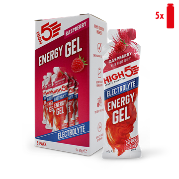 High5 Energi Gel Electrolyte, hindbærsmag. Pakke med 5 gelposer ved siden af enkeltpose.