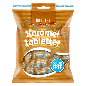 Pakke med Nordthy sukkerfrie karameltabletter, 125g, brun med karameller, "Sugar Free" mærkat.