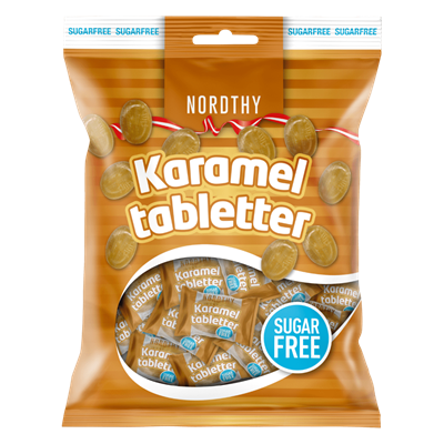 Pakke med Nordthy sukkerfrie karameltabletter, 125g, brun med karameller, "Sugar Free" mærkat.