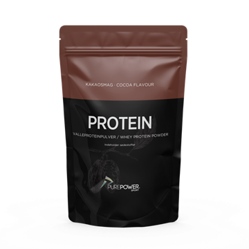 Sort pose med 400g PurePower chokoladeproteinpulver, brun top, hvid tekst "PROTEIN".