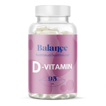 Gennemsigtig bøtte med "Balance D-Vitamin" label, indeholder 95 tabletter som kosttilskud.