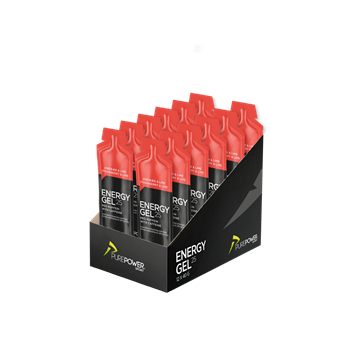 Kasse med 12 PurePower Energy Gel pakker, rød top, sort krop, jordbær lime med koffein.