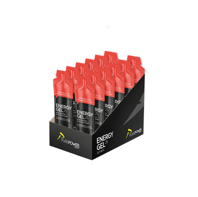 Kasse med 12 PurePower Energy Gel pakker, rød top, sort krop, jordbær lime med koffein.