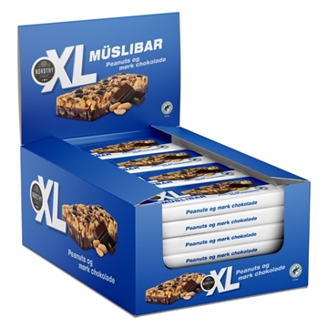 Kasse med Nordthy XL Müsli Bar, blå emballage med peanuts og mørk chokolade.