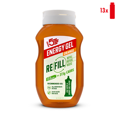 High5 Energy Gel Refill-flaske, appelsinsmag, 315g kulhydrater, 13 portioner, ingen kunstige tilsætningsstoffer.