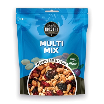 Nordthy Multimix pose med blå design, nødder, tørrede frugter og teksten "Peanuts & Tørret Frugt."