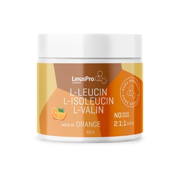 LinusPro Pure BCAA appelsin, 300g. L-Leucin, L-Isoleucin, L-Valin. 2:1:1-forhold. Ingen tilsat sukker.