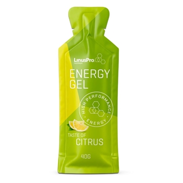 LinusPro Energy Gel-pakke i grønt med citrusmotiv og branding, 40g, høj ydeevne energiprodukt.