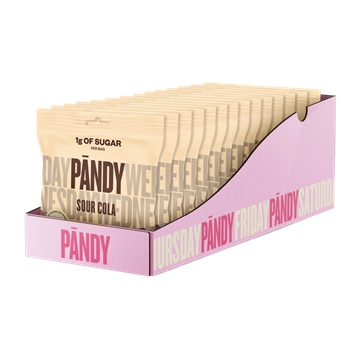 Pandy Candy Sour Cola 14-pak i udstillingsboks, 1g sukker pr. pakke, ny opskrift, 50g pr. pakke.