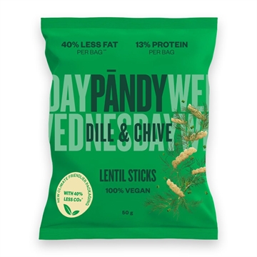 Grøn pose med "Pandy Chips Dill & Chive", 40% mindre fedt, 13% protein, 100% vegansk.