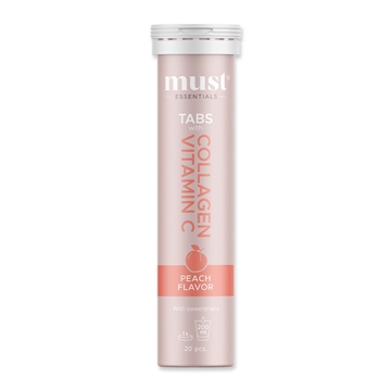 Lyst ferskenfarvet rør med "must Essentials", "Collagen & Vitamin C", fersken smag, 20 tabletter.