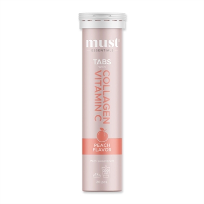 Lyst ferskenfarvet rør med "must Essentials", "Collagen & Vitamin C", fersken smag, 20 tabletter.