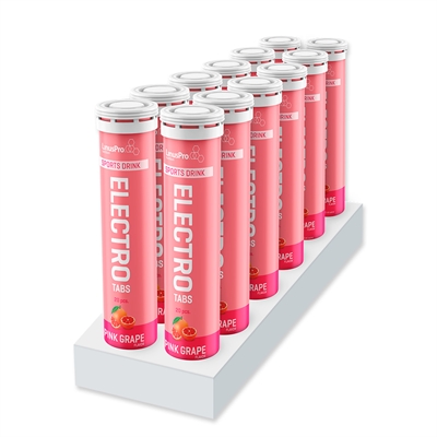 LinusPro Elektrolyt Tabs, pink grapefrugt-smag, 12 rør á 20 tabletter, arrangeret i en pakke.