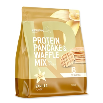 Pakke med LinusPro Protein Pancake & Waffle Vanilla, 500g, 30% protein, 6 portioner, vaniljesmag.