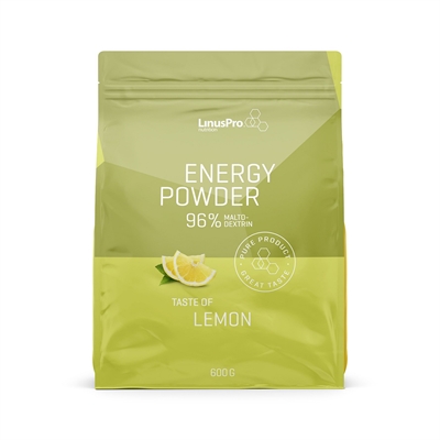 Grøn og gul pose med LinusPro Energy Powder, citrongrafik og tekst, der viser 96% maltodextrin.