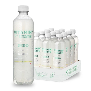 Pakke med 12 gennemsigtige flasker "STATE Vitamin+ Hyldeblomst/Citrus Zero" med hvidt låg.