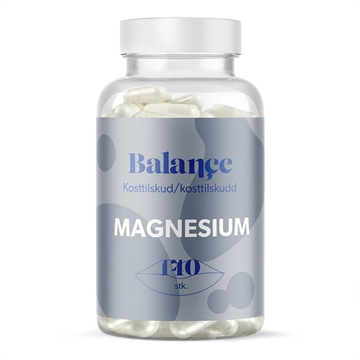 Plastbeholder med 140 stk. Balance Magnesium. Etiketten har teksten "MAGNESIUM" og "Kosttilskud."