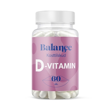 Gennemsigtig beholder med skruelåg, indeholder 60 stk. D-vitamin tabletter, pink etiket.