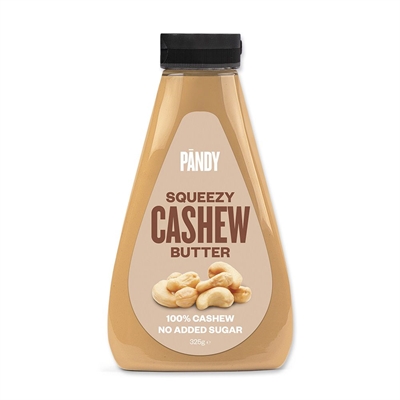 Pandy Squeezy Cashew Butter, 325g flaske, lysebrun, "100% Cashew", "No Added Sugar" på etiketten.