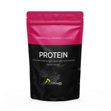 Sort og pink pose med PurePower Proteinpulver, hindbærsmag, 400g.