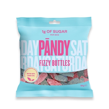 Blå pose med "Pandy Candy - Fizzy Bottles," 1g sukker pr. pose, 50g, synlige vingummier.