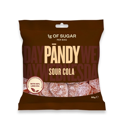 Pandy Candy - Sour Cola-pose i brun med "1g sukker per pose" og "ny opskrift" tekst.
