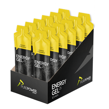 Kasse med 12 gule PurePower Energy Gel sachets, ananas-smag, 40g hver.