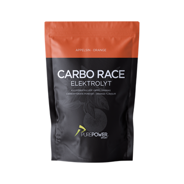 Sort og orange pose med "CARBO RACE ELEKTROLYT" og PurePower logo. Smag: Appelsin.
