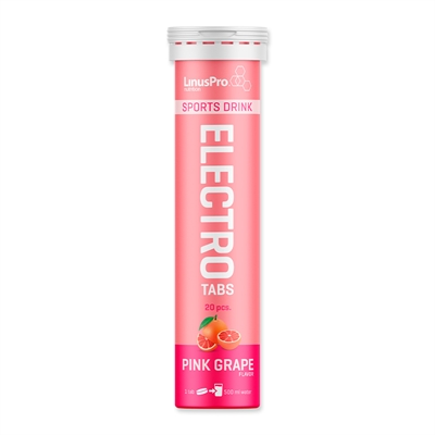 Pink tube med LinusPro SPORTSDRIK, 20 elektrolyttabletter, pink grape smag, grapefrugt grafik.