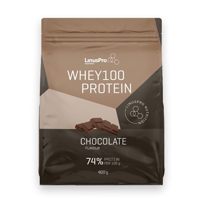 Brunt og beige LinusPro Whey100 Protein, chokolade, 400g. Billede af chokolade på forsiden.