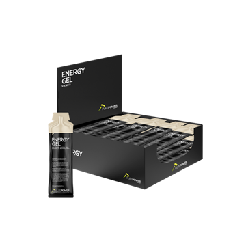 Kasse med 12 x 60g PurePower Energy Gel med koffein, sort emballage med hvid tekst.