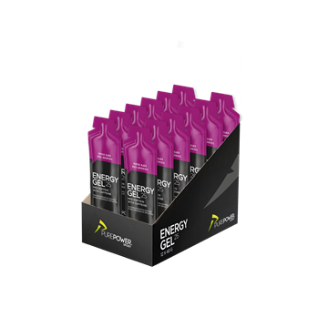 Kasse med 12 pakker PurePower Energy Gel, røde bær med koffein, i en sort displayboks.