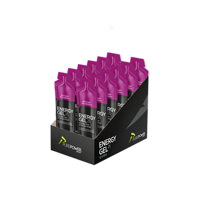 Kasse med 12 pakker PurePower Energy Gel, røde bær med koffein, i en sort displayboks.