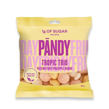 Gul pose "Pandy Candy - Tropic Trio" med passionsfrugt, ananas, mango. 1g sukker pr. pose, 50g.