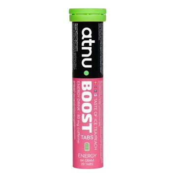 Pink rør ATNU Boost med 20 ICE TEA PEACH tabletter, 80 mg koffein pr. tablet.