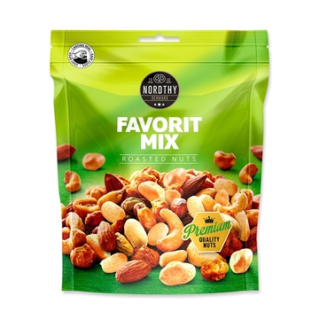 Pose Nordthy nødder "Favorit Mix", grøn baggrund, 150g, premium kvalitetsnødder.