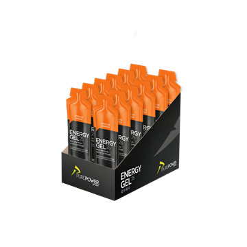 Pakke med 12 orange poser PurePower Energy Gel i sort displayboks.