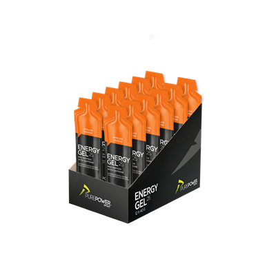 Pakke med 12 orange poser PurePower Energy Gel i sort displayboks.