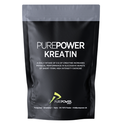 Sort pose med hvid tekst, 300 g PurePower Kreatin. Logo i gult/grønt nederst.