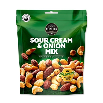 Grøn pose med Nordthy Premium Nødder, sour cream & onion mix, med nødder på forsiden.
