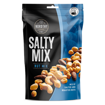 Pakke med Nordthy Nøddemix - Salty Mix, 90g. Tekst: "SALTY MIX", saltede og ristede nødder.