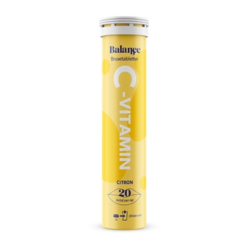 Gul tube med C-vitamin brusetabletter, citronsmag, 500 mg, 20 stk., mærket "Balance".