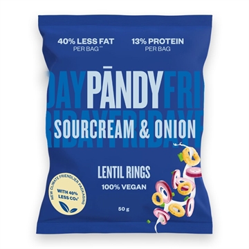 Blå pose med "Pandy Sourcream & Onion", 40% mindre fedt, 13% protein, 100% vegan.